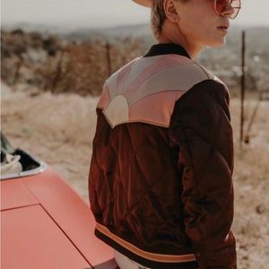 Classic Rock Couture | 70s Style Brown Sugar Rising Sun Satin Bomber Jacket